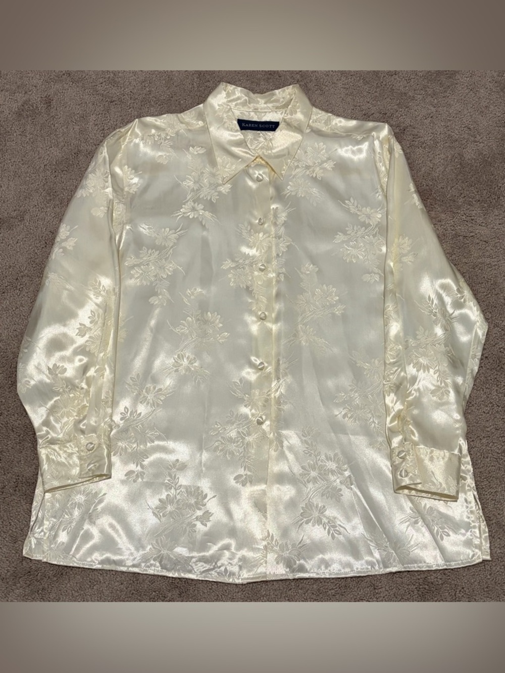 Karen Scott Women’s VTG Silky Floral Long Sleeve Button Down Shirt Size Large